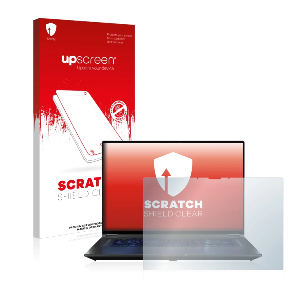 Parte frontale di una confezione del prodotto con il logo del marchio upscreen. Accanto è raffigurato il dispositivo ASUS ROG 