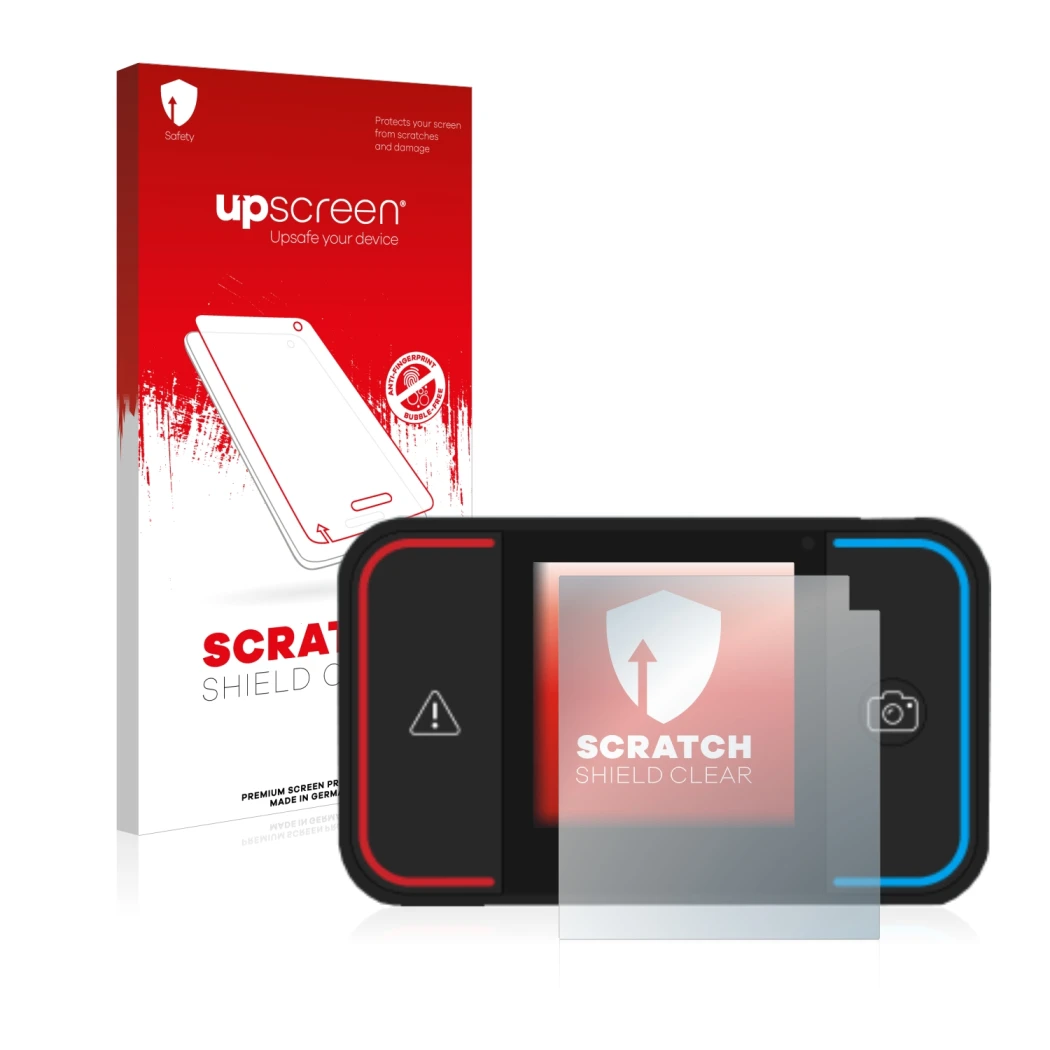 Parte frontale di una confezione del prodotto con il logo del marchio upscreen. Accanto è raffigurato il dispositivo Saphe Dri