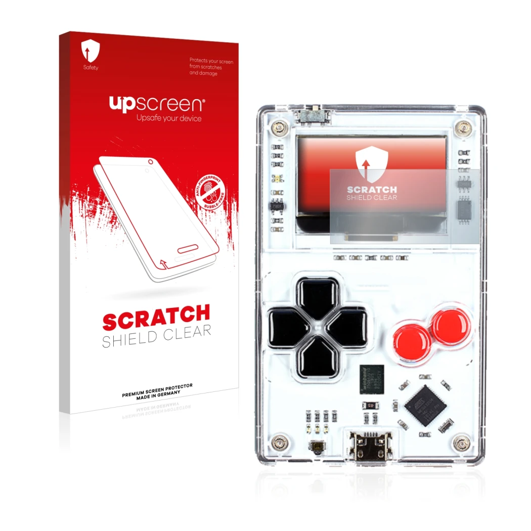 Parte frontale di una confezione del prodotto con il logo del marchio upscreen. Accanto è raffigurato il dispositivo Arduboy F