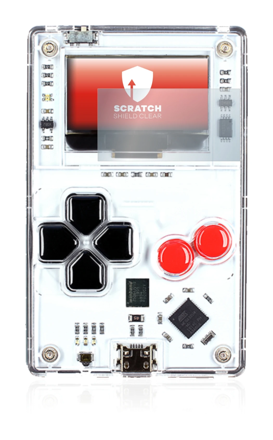 Immagine del dispositivo Arduboy FX con un'ampia varietà di protezioni per lo schermo.