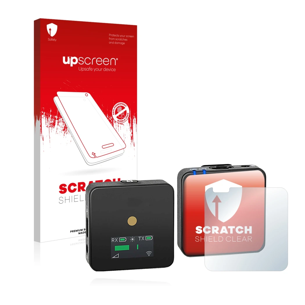 Parte frontale di una confezione del prodotto con il logo del marchio upscreen. Accanto è raffigurato il dispositivo Rode Wire