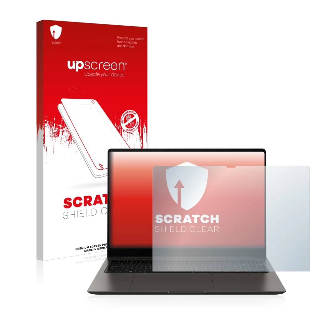 Parte frontale di una confezione del prodotto con il logo del marchio upscreen. Accanto è raffigurato il dispositivo Samsung G