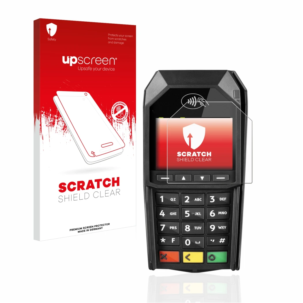 Parte frontale di una confezione del prodotto con il logo del marchio upscreen. Accanto è raffigurato il dispositivo ingenico