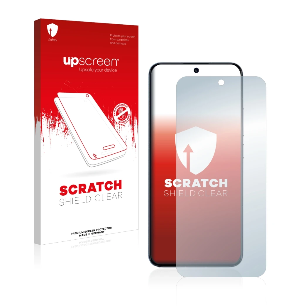 Parte frontale di una confezione del prodotto con il logo del marchio upscreen. Accanto è raffigurato il dispositivo Xiaomi 13