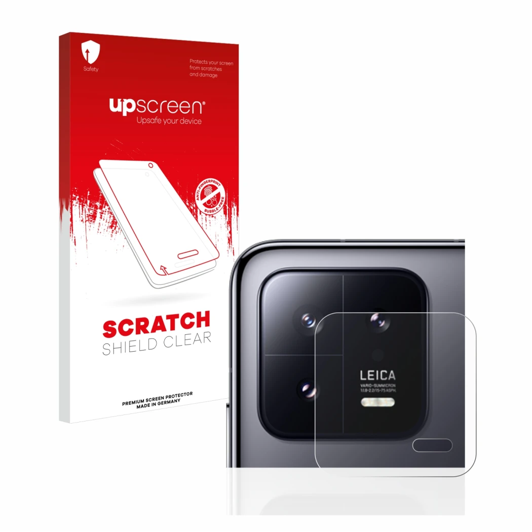 Parte frontale di una confezione del prodotto con il logo del marchio upscreen. Accanto è raffigurato il dispositivo Xiaomi 13