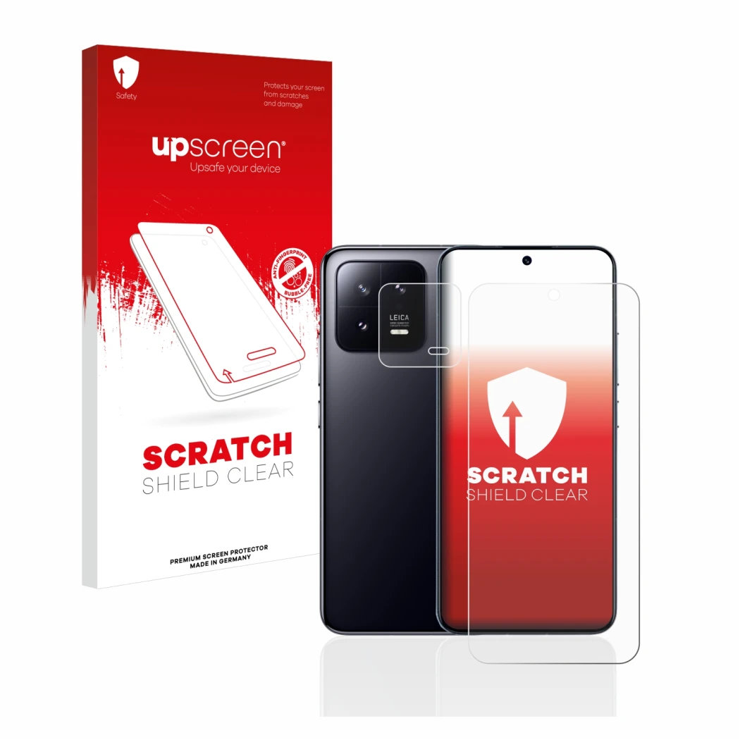 Parte frontale di una confezione del prodotto con il logo del marchio upscreen. Accanto è raffigurato il dispositivo Xiaomi 13