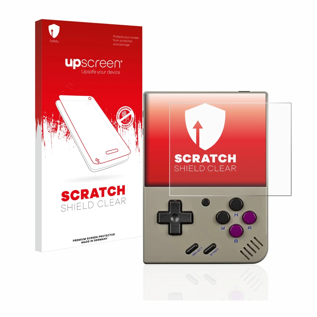 Parte frontale di una confezione del prodotto con il logo del marchio upscreen. Accanto è raffigurato il dispositivo Miyoo Min