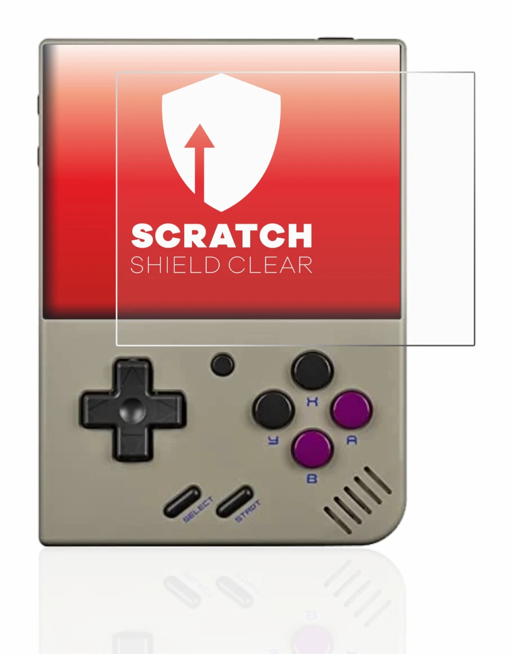 Immagine del dispositivo Miyoo Mini Plus con un'ampia varietà di protezioni per lo schermo.