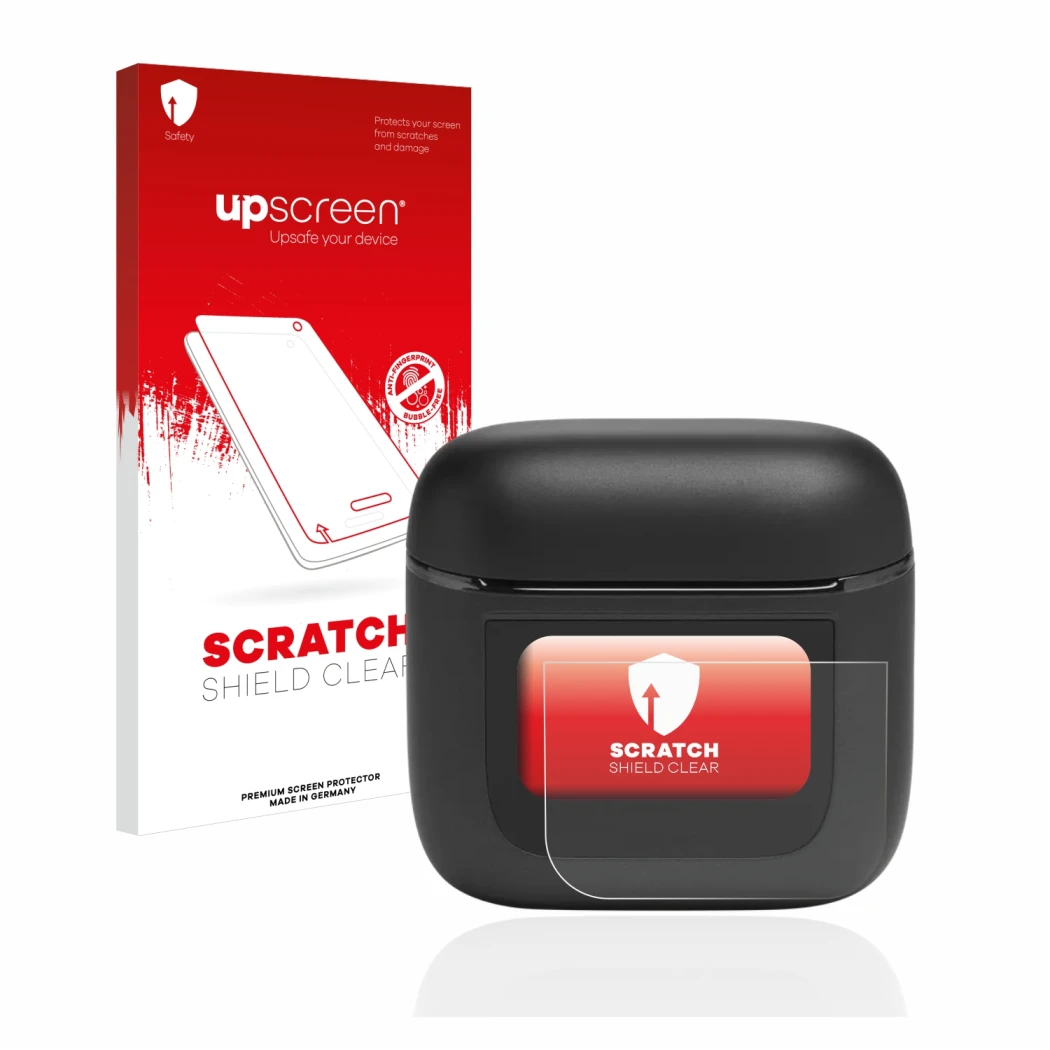 Parte frontale di una confezione del prodotto con il logo del marchio upscreen. Accanto è raffigurato il dispositivo JBL Tour 