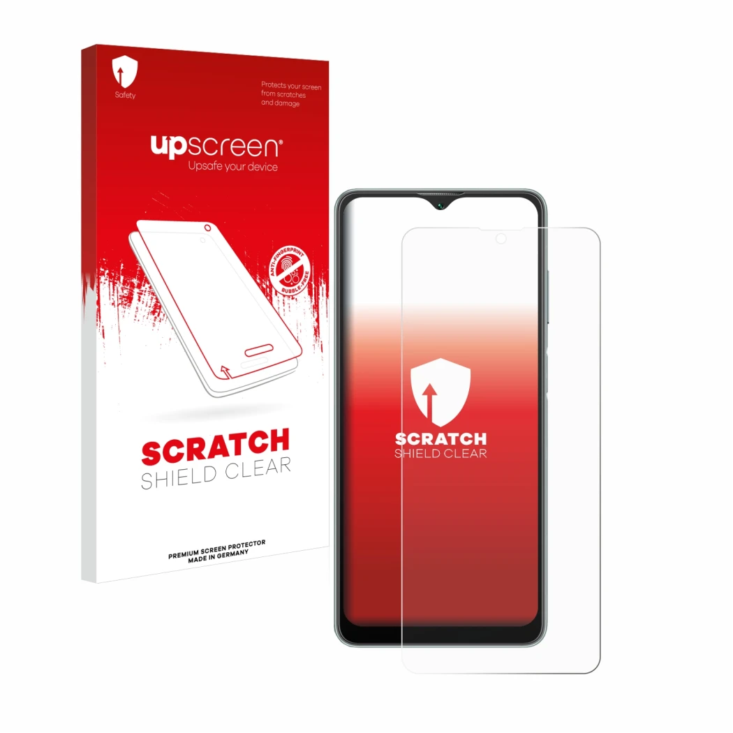 Parte frontale di una confezione del prodotto con il logo del marchio upscreen. Accanto è raffigurato il dispositivo Blackview
