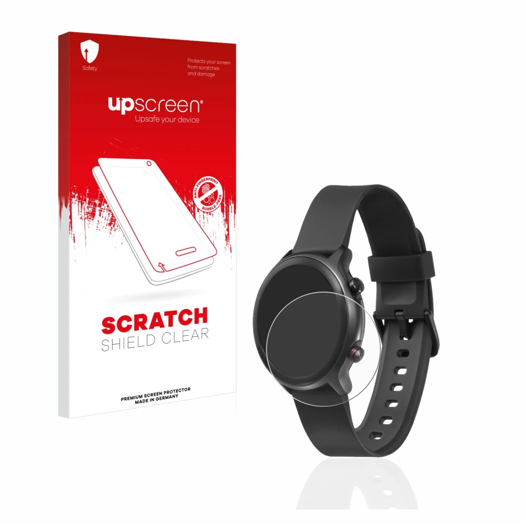 Parte frontale di una confezione del prodotto con il logo del marchio upscreen. Accanto è raffigurato il dispositivo Doro Watc