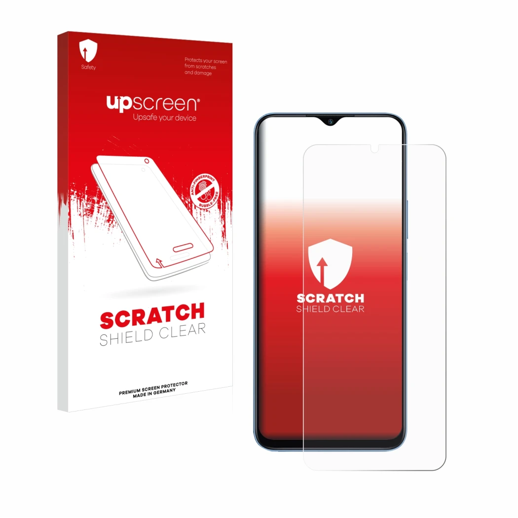 Parte frontale di una confezione del prodotto con il logo del marchio upscreen. Accanto è raffigurato il dispositivo Honor 70