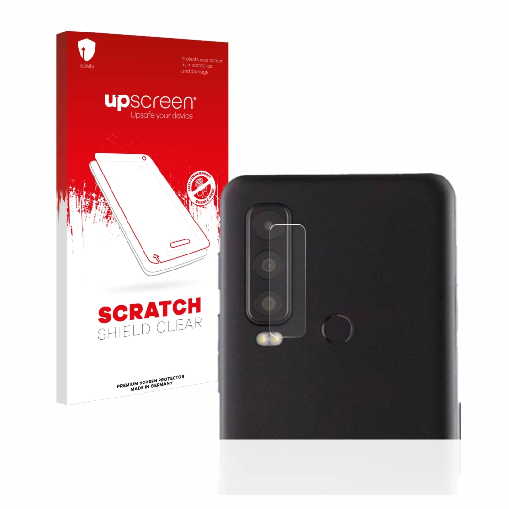 Parte frontale di una confezione del prodotto con il logo del marchio upscreen. Accanto è raffigurato il dispositivo Caterpill