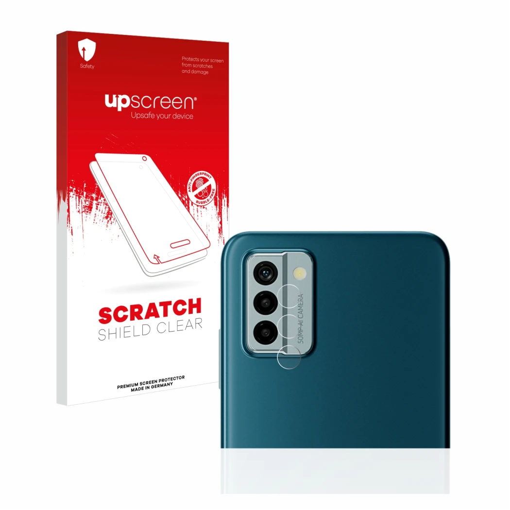 Parte frontale di una confezione del prodotto con il logo del marchio upscreen. Accanto è raffigurato il dispositivo Nokia G22