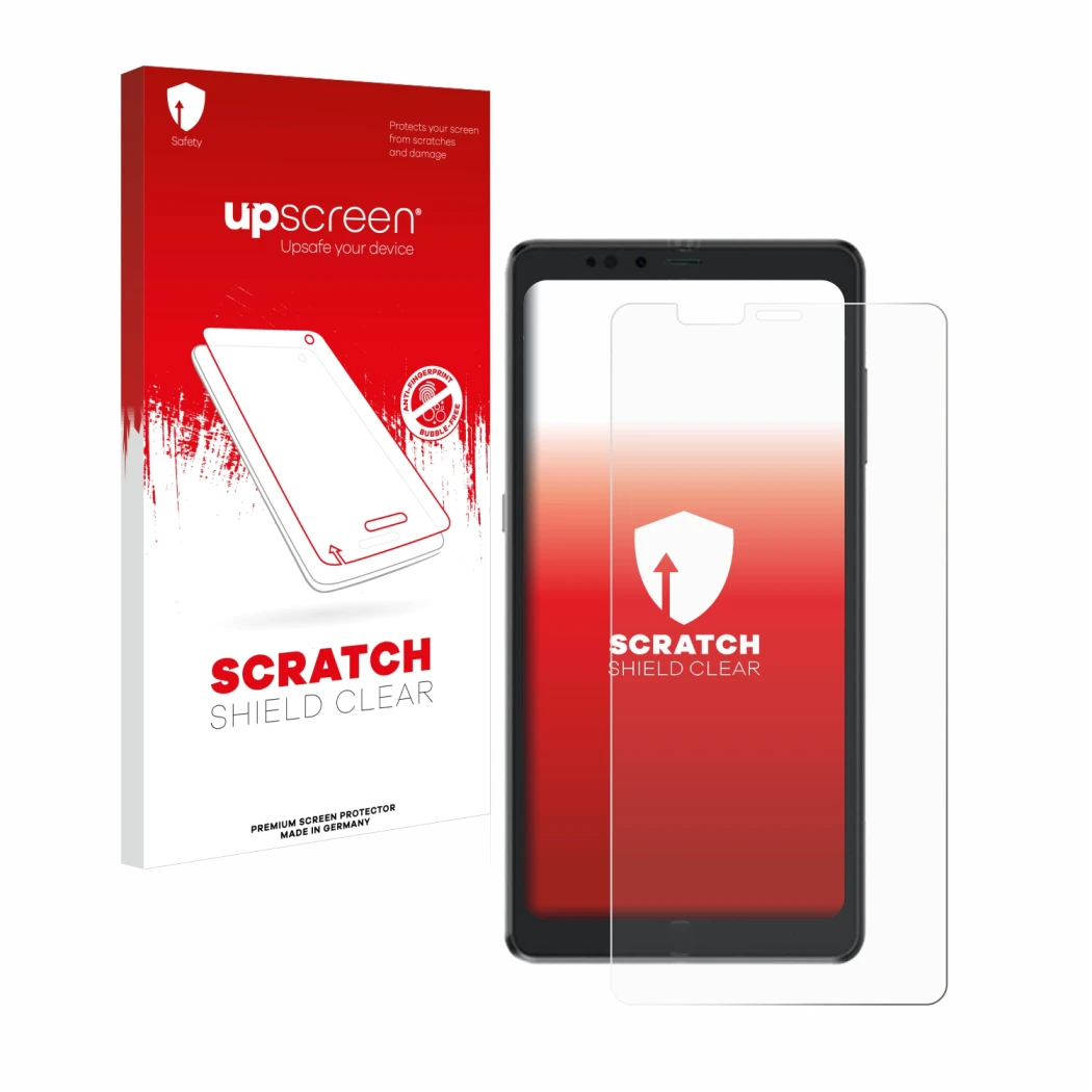 Parte frontale di una confezione del prodotto con il logo del marchio upscreen. Accanto è raffigurato il dispositivo Hisense A