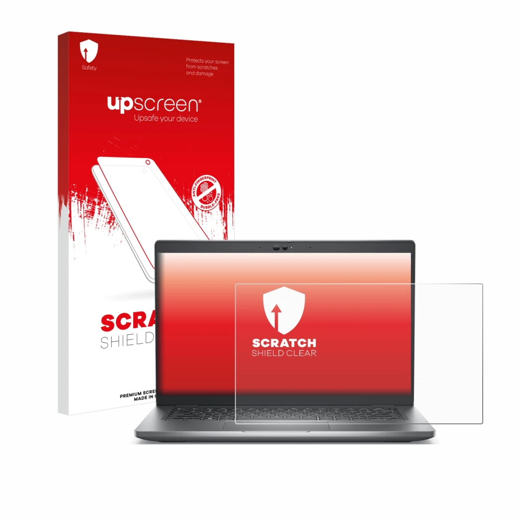 Parte frontale di una confezione del prodotto con il logo del marchio upscreen. Accanto è raffigurato il dispositivo Dell Lati