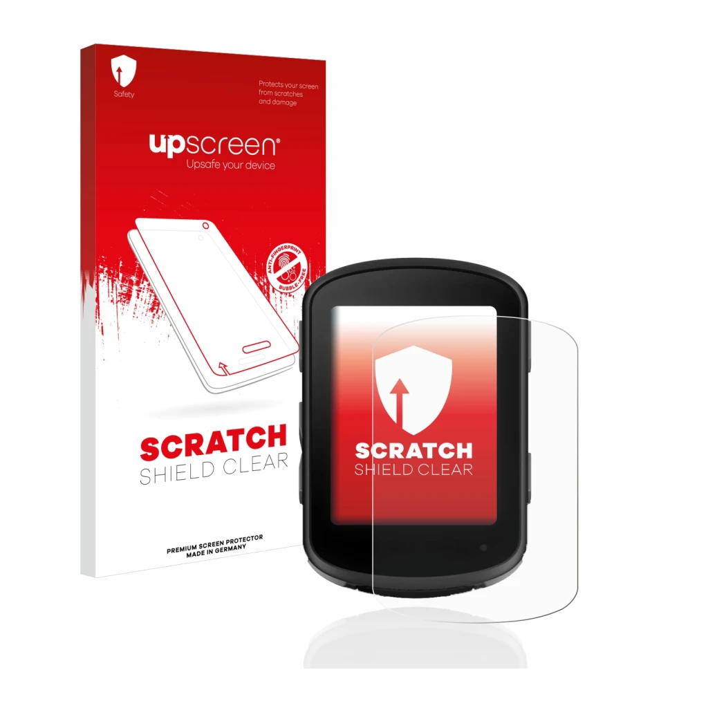 Parte frontale di una confezione del prodotto con il logo del marchio upscreen. Accanto è raffigurato il dispositivo Garmin Ed