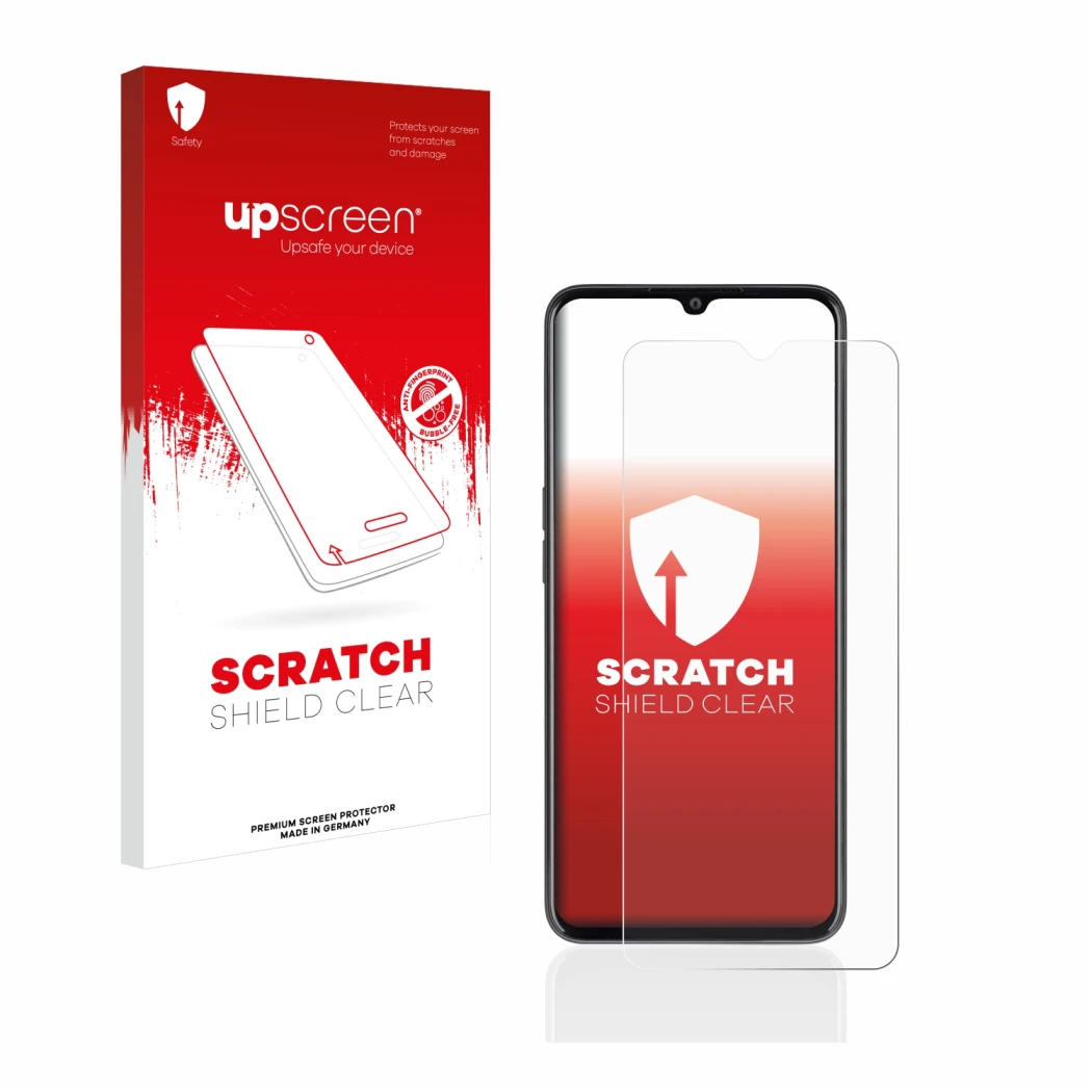 Parte frontale di una confezione del prodotto con il logo del marchio upscreen. Accanto è raffigurato il dispositivo Oppo A77 