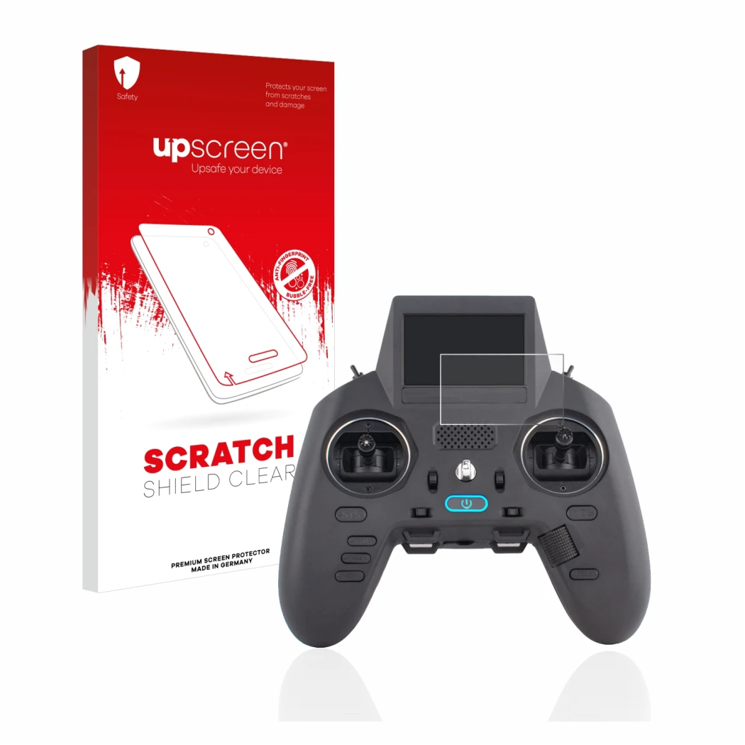 Parte frontale di una confezione del prodotto con il logo del marchio upscreen. Accanto è raffigurato il dispositivo Radiomast