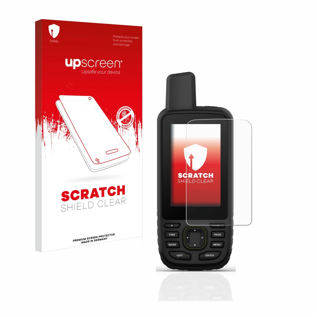 Parte frontale di una confezione del prodotto con il logo del marchio upscreen. Accanto è raffigurato il dispositivo Garmin GP