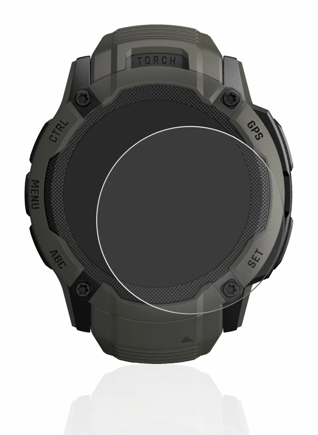 Immagine del dispositivo Garmin Instinct 2X Solar con un'ampia varietà di protezioni per lo schermo.