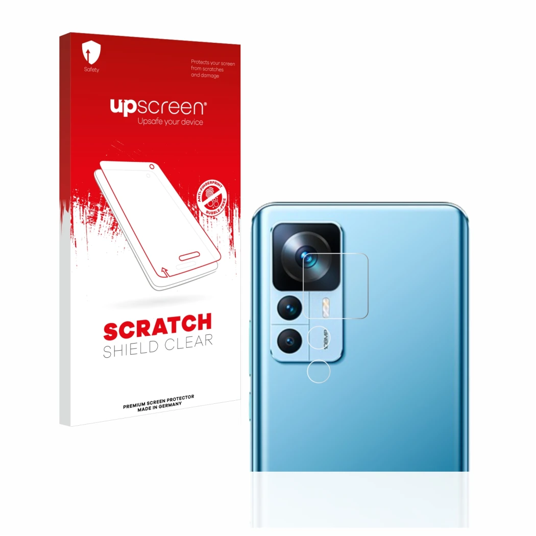 Parte frontale di una confezione del prodotto con il logo del marchio upscreen. Accanto è raffigurato il dispositivo Xiaomi 12