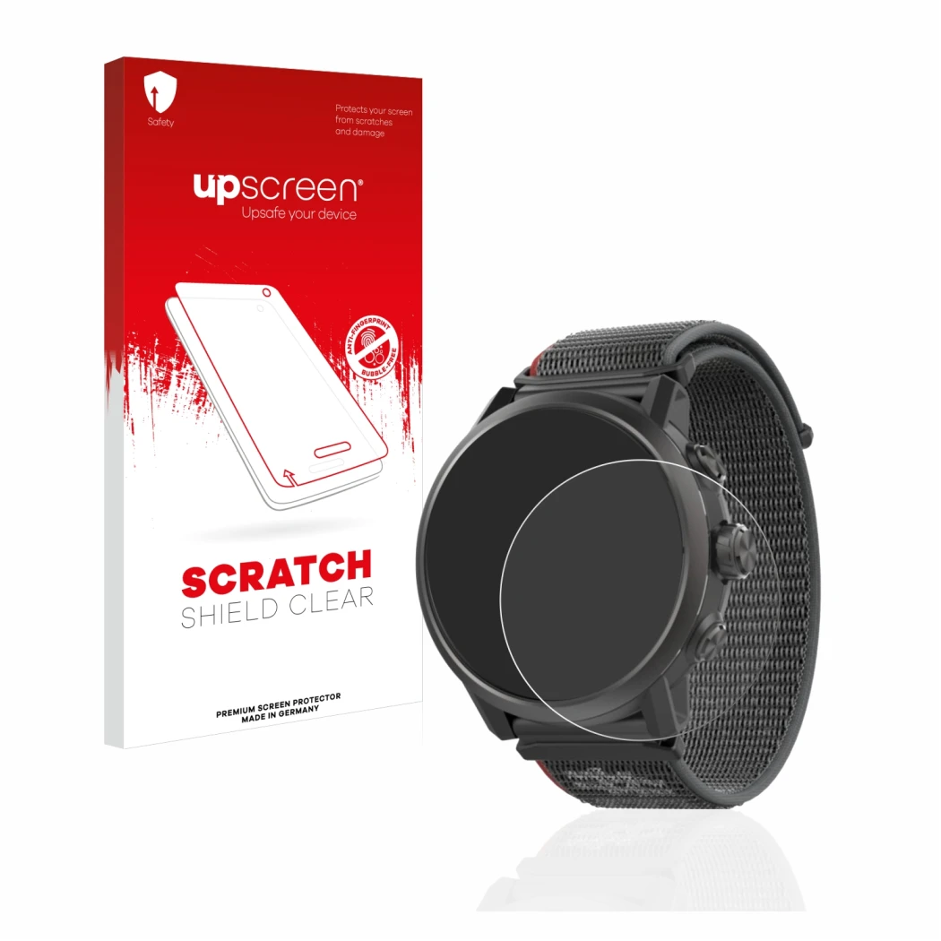 Parte frontale di una confezione del prodotto con il logo del marchio upscreen. Accanto è raffigurato il dispositivo Coros Ape