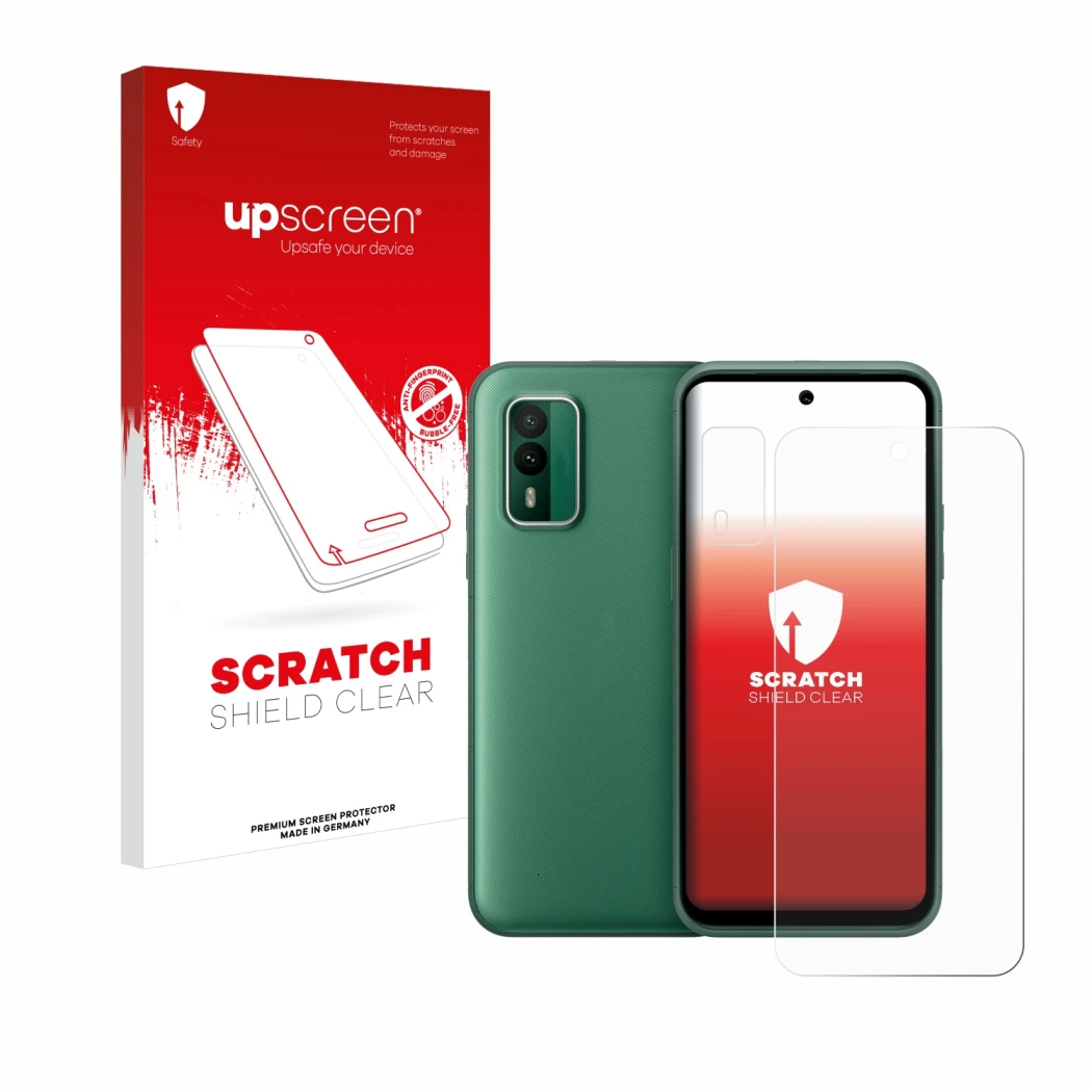 Parte frontale di una confezione del prodotto con il logo del marchio upscreen. Accanto è raffigurato il dispositivo Nokia XR2