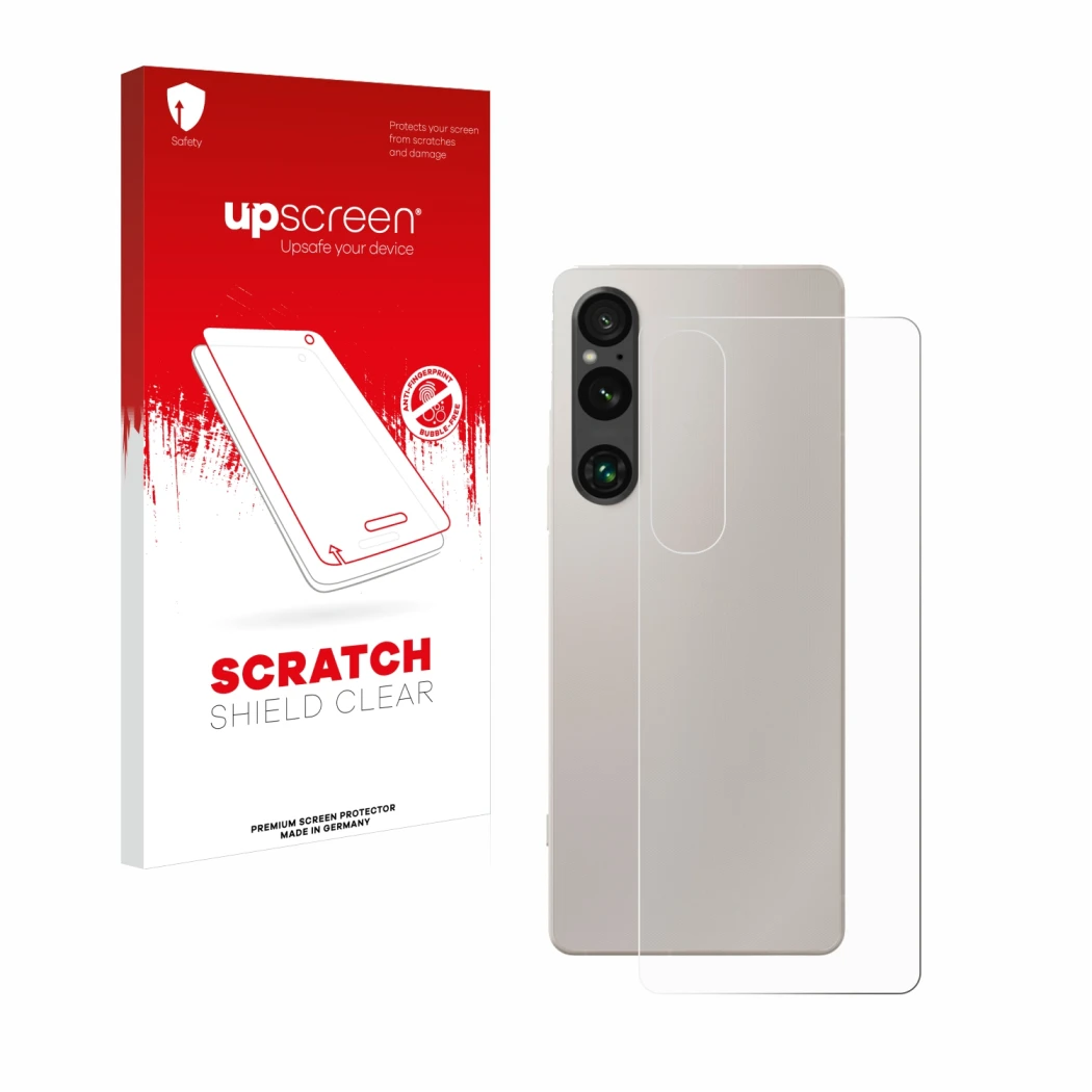 Parte frontale di una confezione del prodotto con il logo del marchio upscreen. Accanto è raffigurato il dispositivo Sony Xper