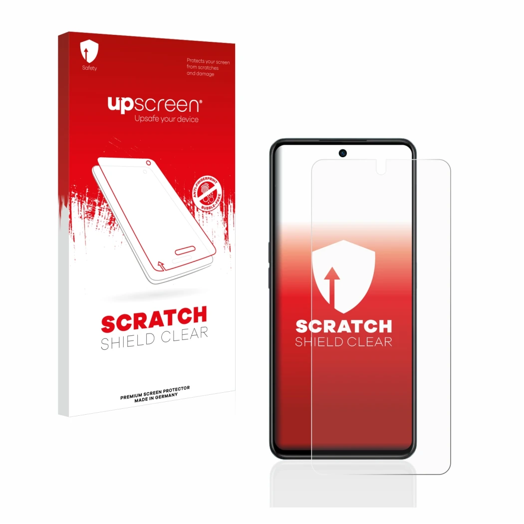 Parte frontale di una confezione del prodotto con il logo del marchio upscreen. Accanto è raffigurato il dispositivo Oppo A98 