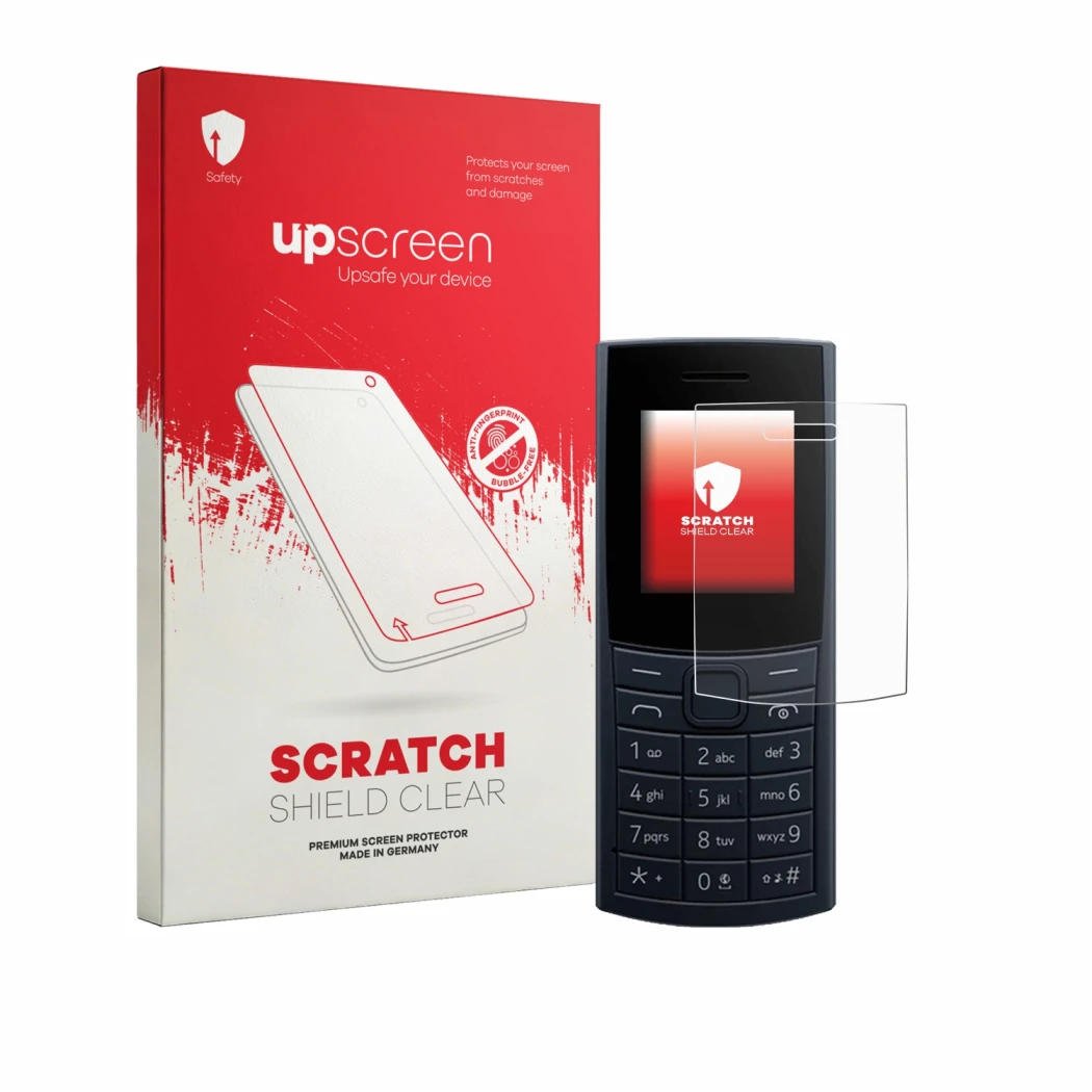 Parte frontale di una confezione del prodotto con il logo del marchio upscreen. Accanto è raffigurato il dispositivo Nokia 110