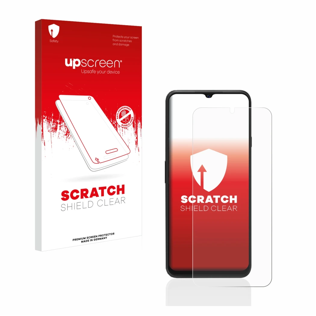 Parte frontale di una confezione del prodotto con il logo del marchio upscreen. Accanto è raffigurato il dispositivo Cubot P80