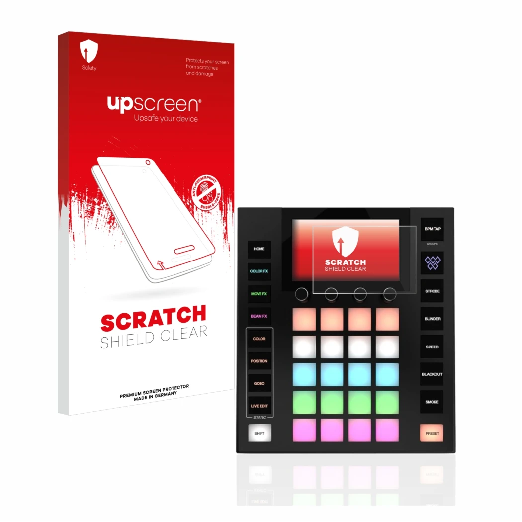 Parte frontale di una confezione del prodotto con il logo del marchio upscreen. Accanto è raffigurato il dispositivo Wolfmix W