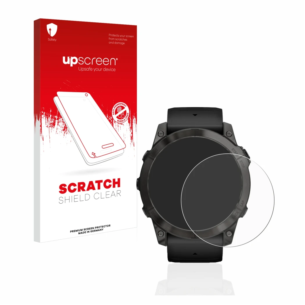 Parte frontale di una confezione del prodotto con il logo del marchio upscreen. Accanto è raffigurato il dispositivo Garmin Ep