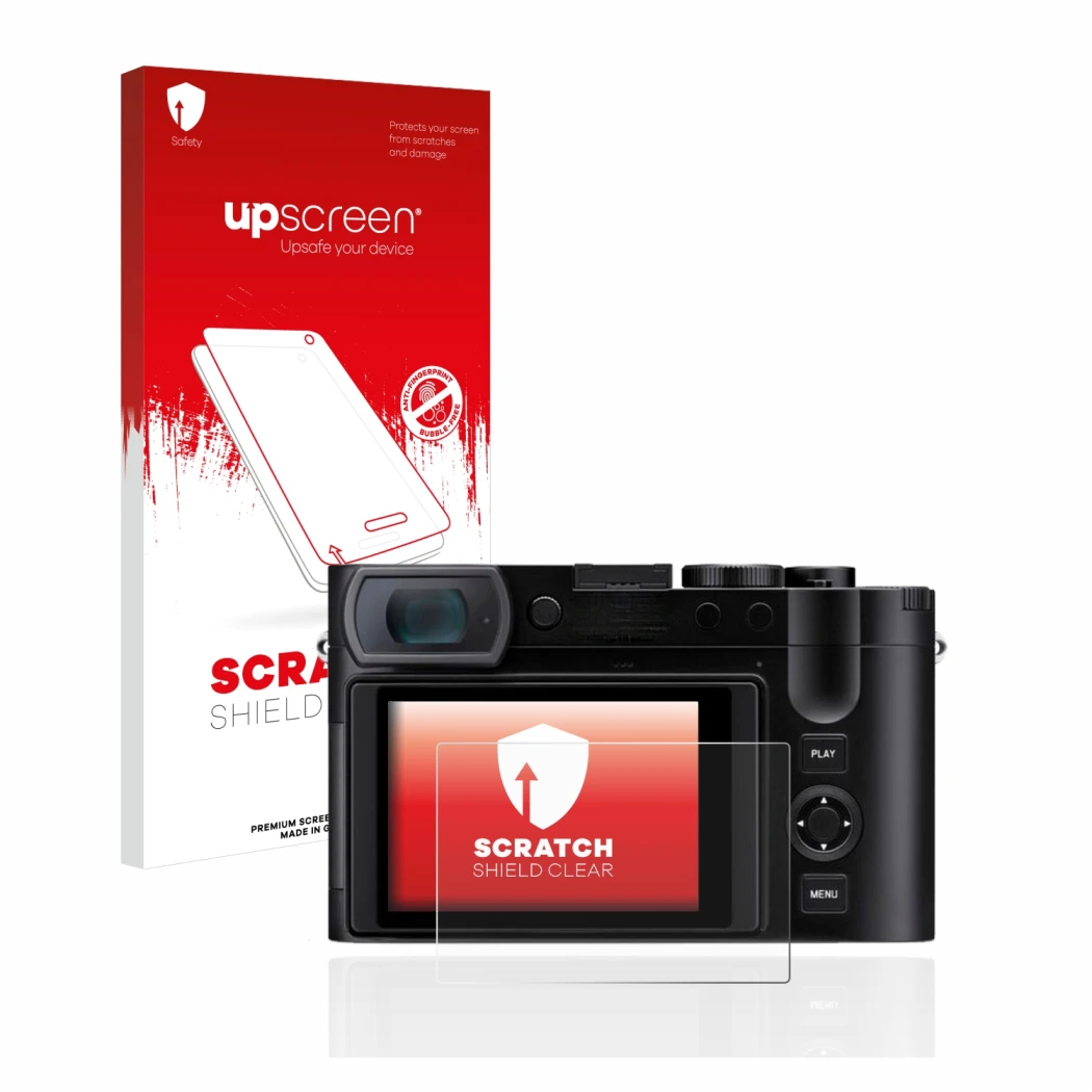 Parte frontale di una confezione del prodotto con il logo del marchio upscreen. Accanto è raffigurato il dispositivo Leica Q3