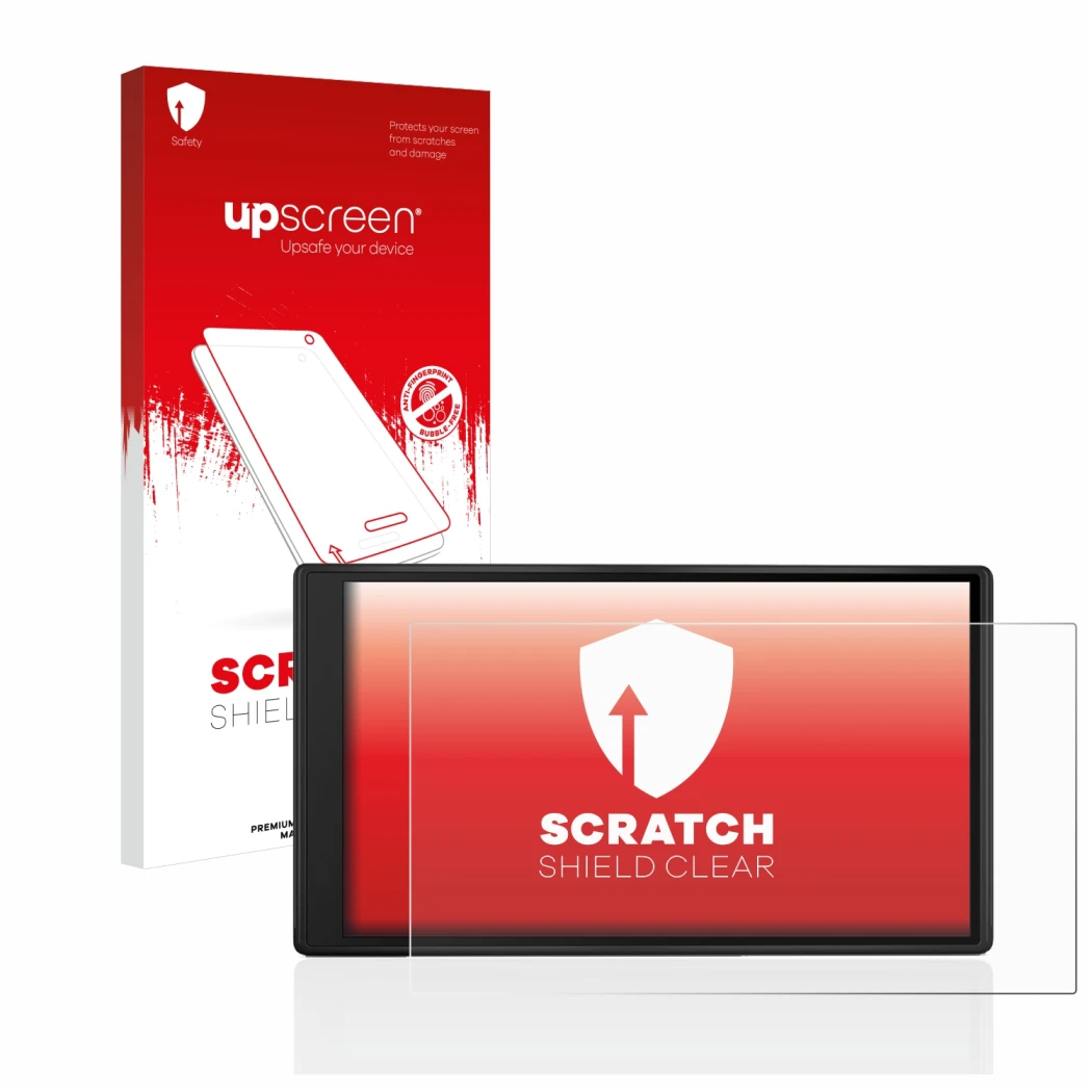Parte frontale di una confezione del prodotto con il logo del marchio upscreen. Accanto è raffigurato il dispositivo Garmin Dr