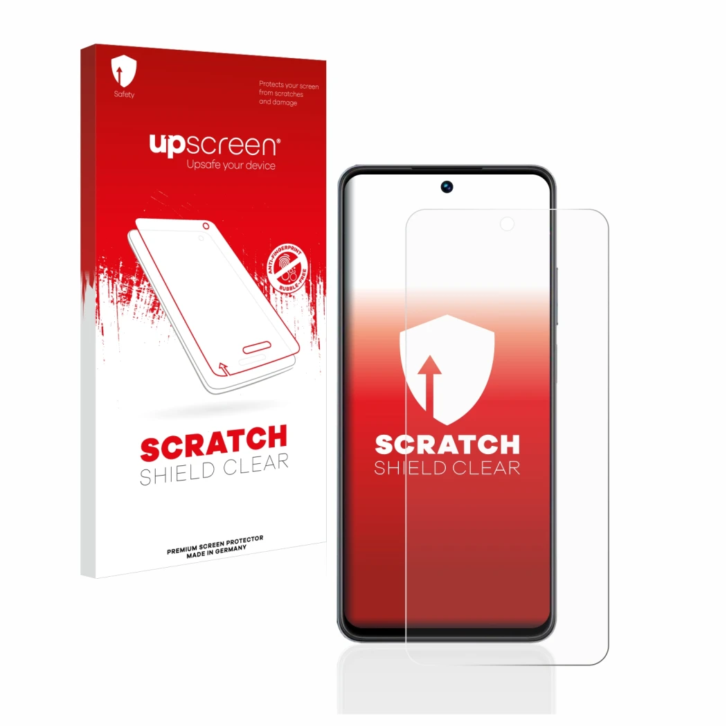 Parte frontale di una confezione del prodotto con il logo del marchio upscreen. Accanto è raffigurato il dispositivo realme C5
