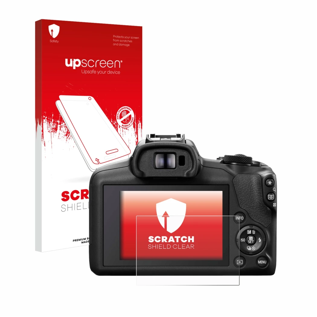 Parte frontale di una confezione del prodotto con il logo del marchio upscreen. Accanto è raffigurato il dispositivo Canon EOS