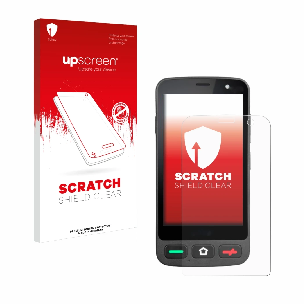 Parte frontale di una confezione del prodotto con il logo del marchio upscreen. Accanto è raffigurato il dispositivo Brondi Am