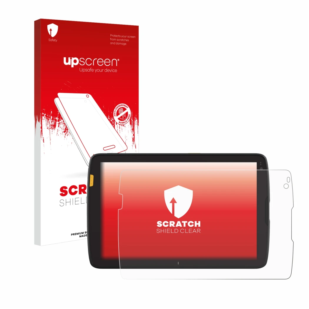 Parte frontale di una confezione del prodotto con il logo del marchio upscreen. Accanto è raffigurato il dispositivo Zebra ET4