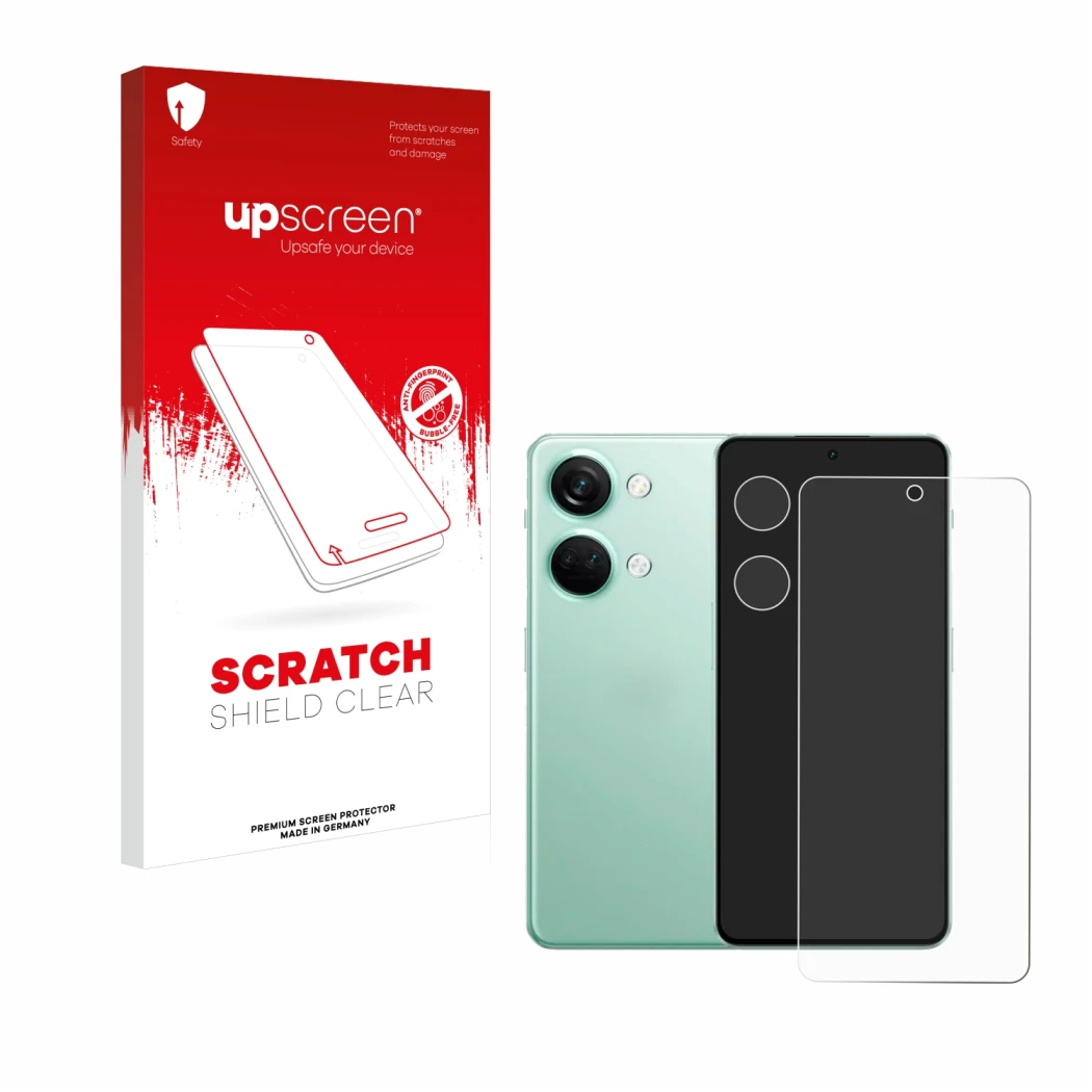 Parte frontale di una confezione del prodotto con il logo del marchio upscreen. Accanto è raffigurato il dispositivo OnePlus N
