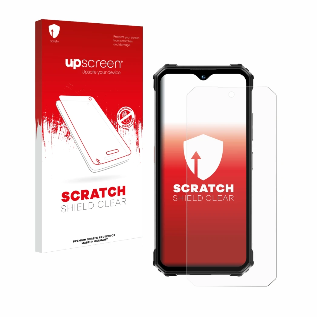 Parte frontale di una confezione del prodotto con il logo del marchio upscreen. Accanto è raffigurato il dispositivo Oukitel W