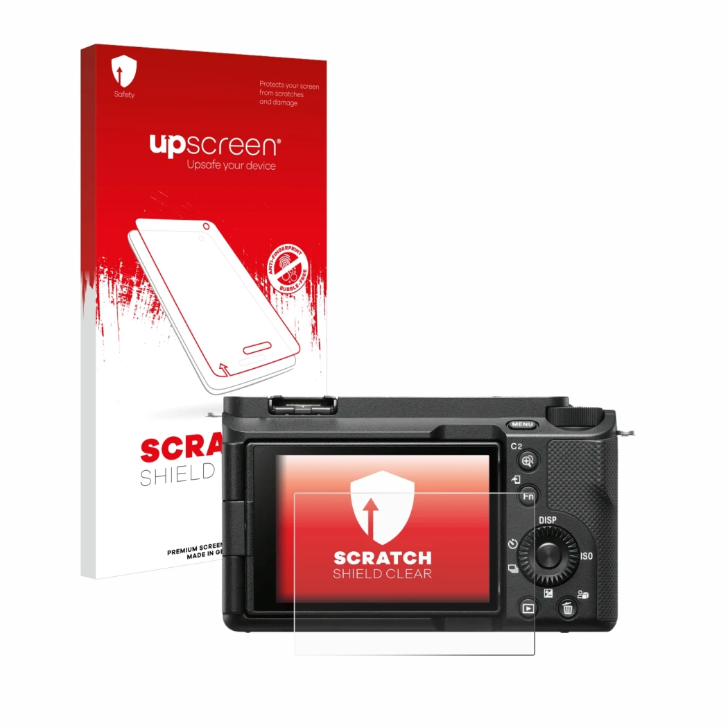 Parte frontale di una confezione del prodotto con il logo del marchio upscreen. Accanto è raffigurato il dispositivo Sony Alph