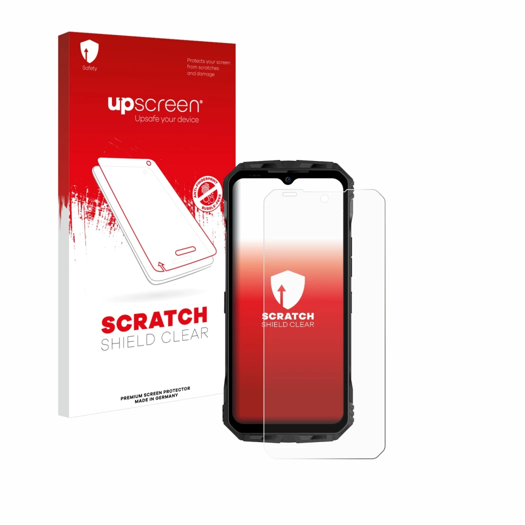 Parte frontale di una confezione del prodotto con il logo del marchio upscreen. Accanto è raffigurato il dispositivo Doogee V3