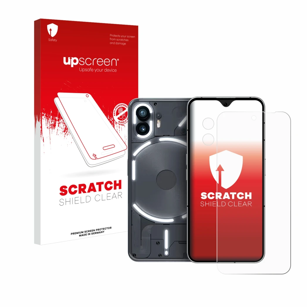 Parte frontale di una confezione del prodotto con il logo del marchio upscreen. Accanto è raffigurato il dispositivo Nothing P