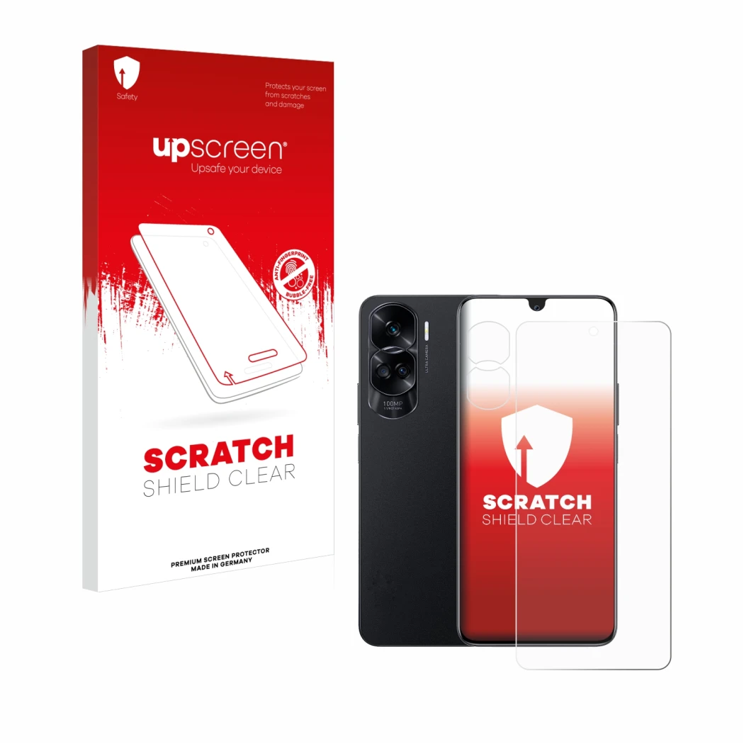 Parte frontale di una confezione del prodotto con il logo del marchio upscreen. Accanto è raffigurato il dispositivo Honor 90