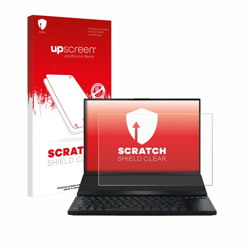 Parte frontale di una confezione del prodotto con il logo del marchio upscreen. Accanto è raffigurato il dispositivo ASUS ROG 