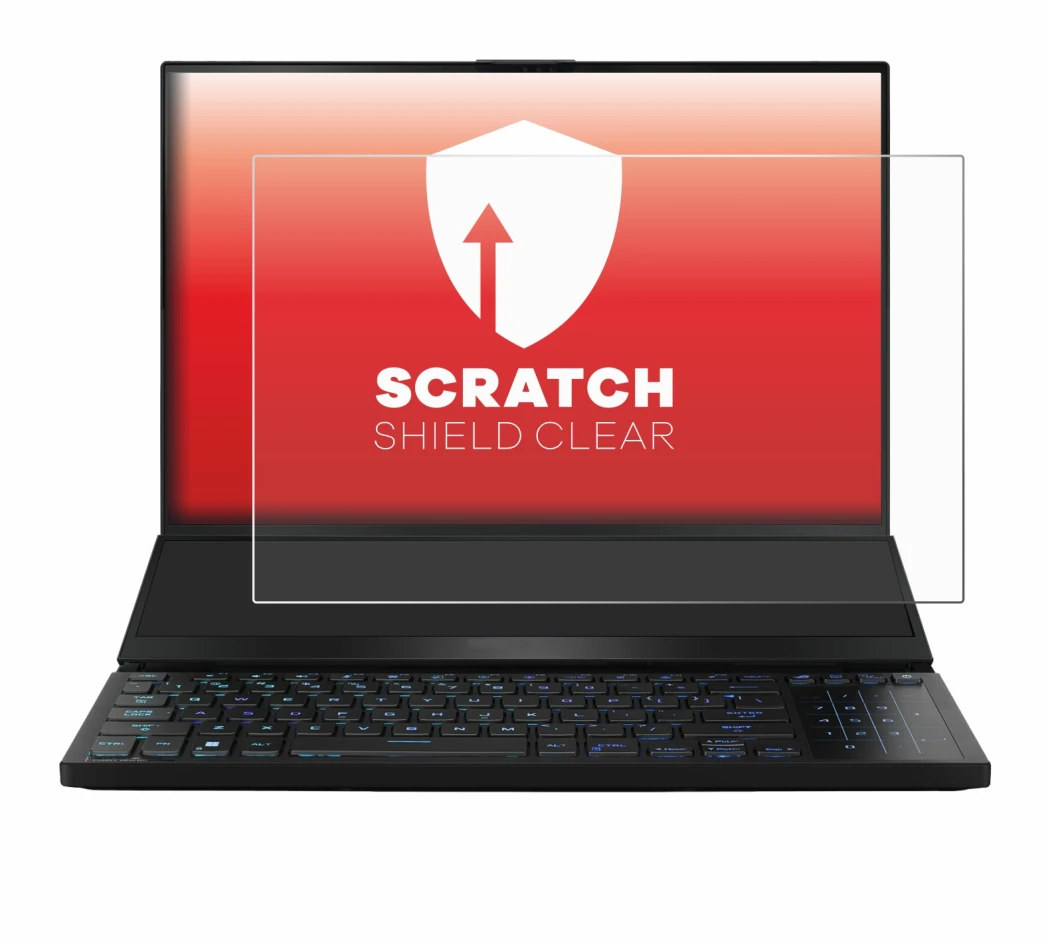 Immagine del dispositivo ASUS ROG Zephyrus Duo 16 2023 con un'ampia varietà di protezioni per lo schermo.