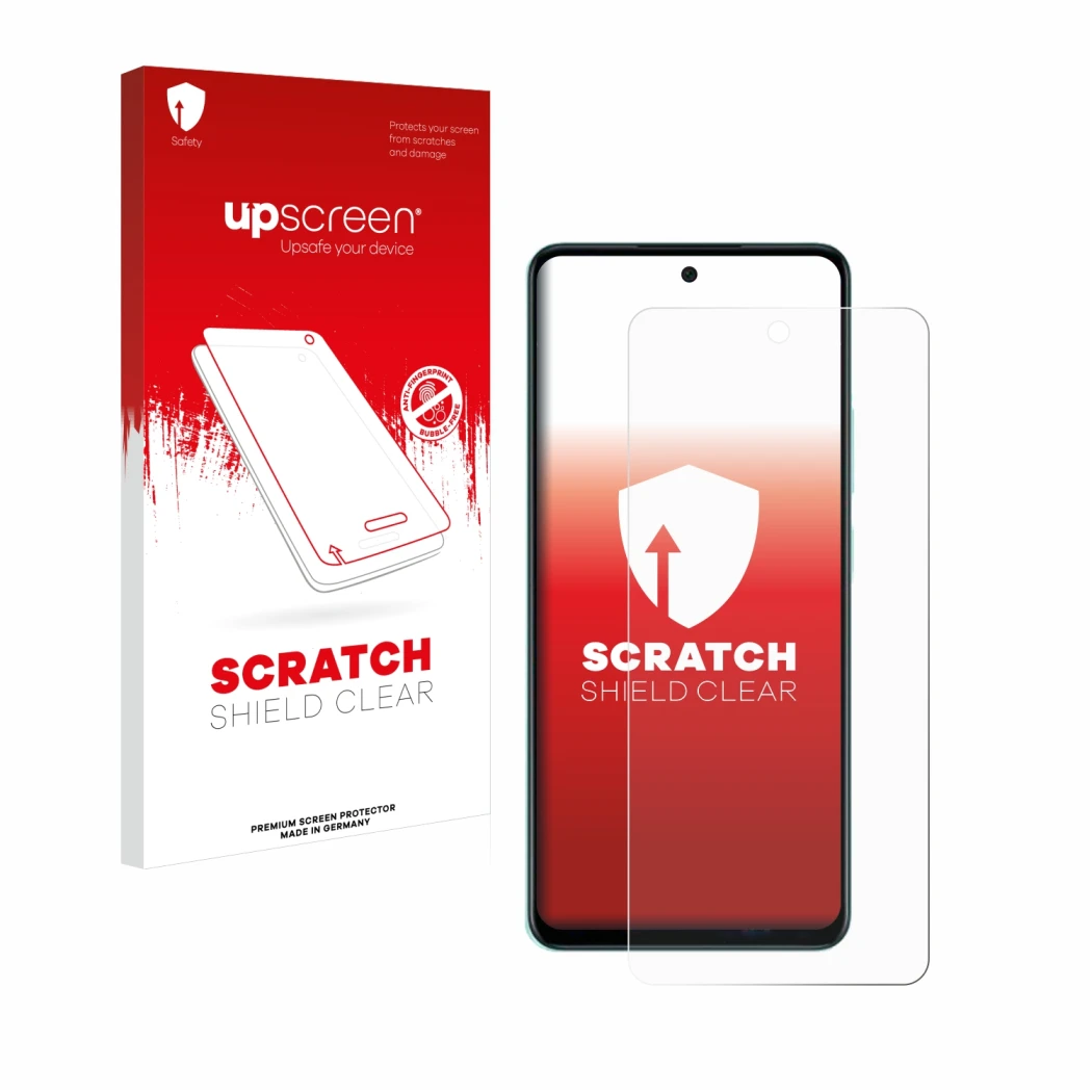 Parte frontale di una confezione del prodotto con il logo del marchio upscreen. Accanto è raffigurato il dispositivo Oppo A58