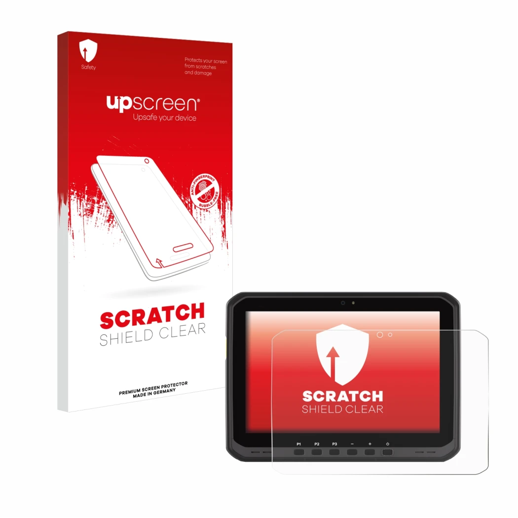 Parte frontale di una confezione del prodotto con il logo del marchio upscreen. Accanto è raffigurato il dispositivo Zebra ET6